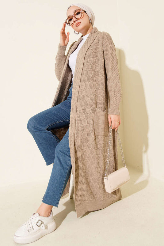 Shawl Collar Knitted Embossed Knitwear Cardigan Latte