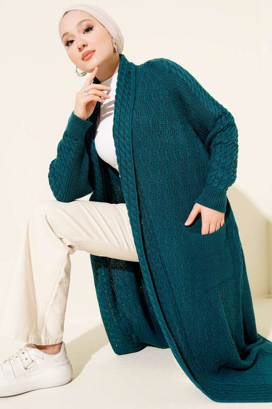 Shawl Collar Knitted Embossed Knitwear Cardigan Petrol