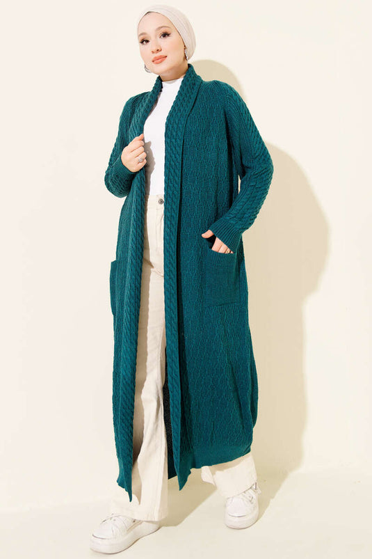 Shawl Collar Knitted Embossed Knitwear Cardigan Petrol