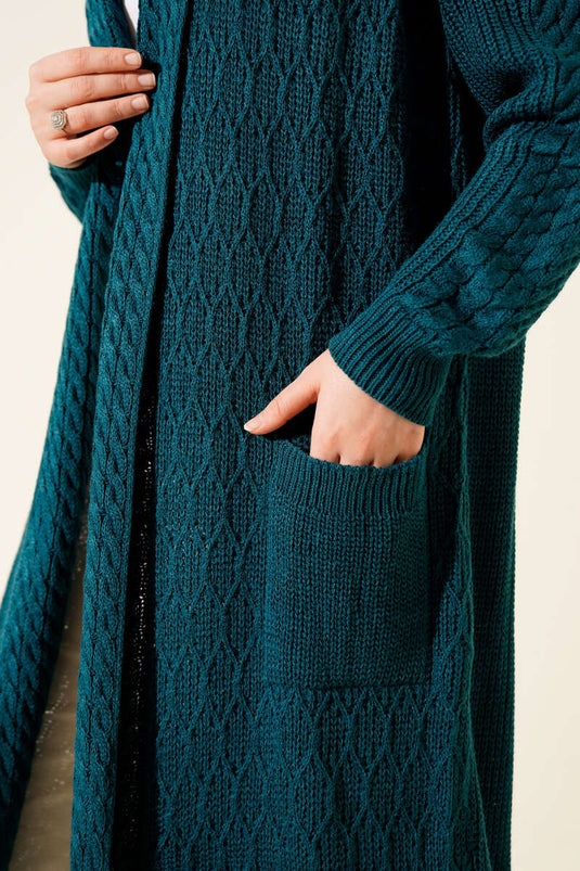 Shawl Collar Knitted Embossed Knitwear Cardigan Petrol
