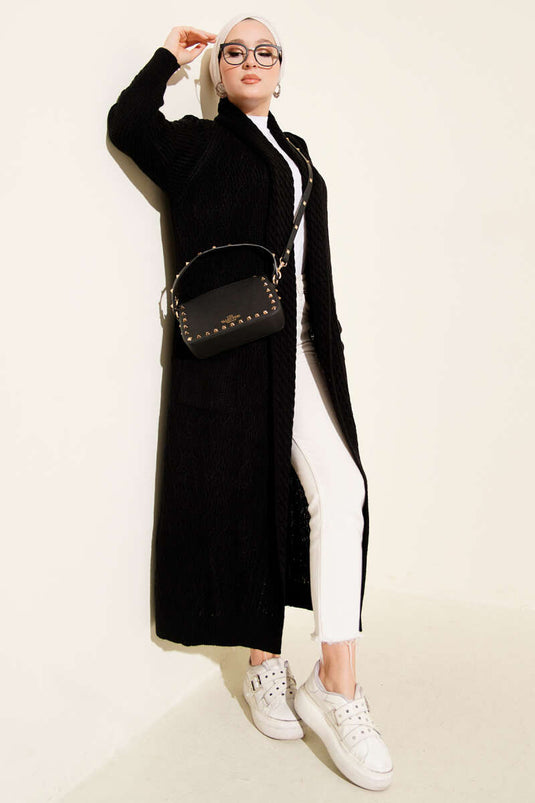 Shawl Collar Knitted Embossed Knitwear Cardigan Black