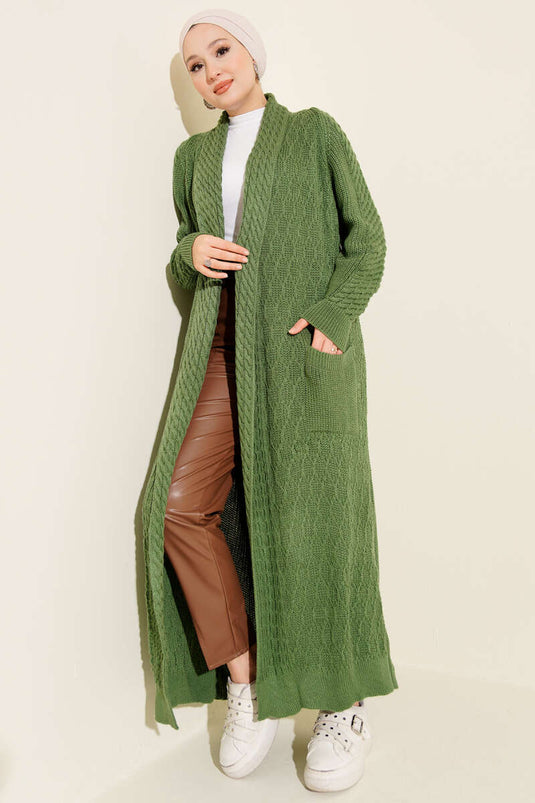 Shawl Collar Knitted Embossed Sweater Cardigan Green