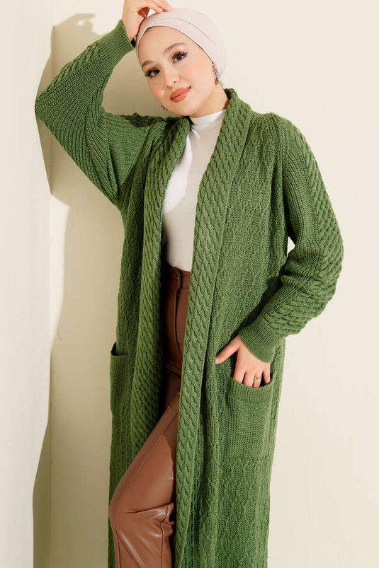 Shawl Collar Knitted Embossed Knitwear Cardigan Green