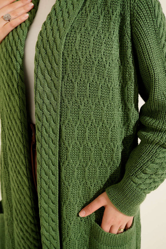 Shawl Collar Knitted Embossed Knitwear Cardigan Green