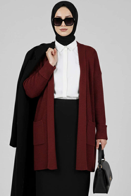Shawl Collar Rice Stitch Cardigan Burgundy