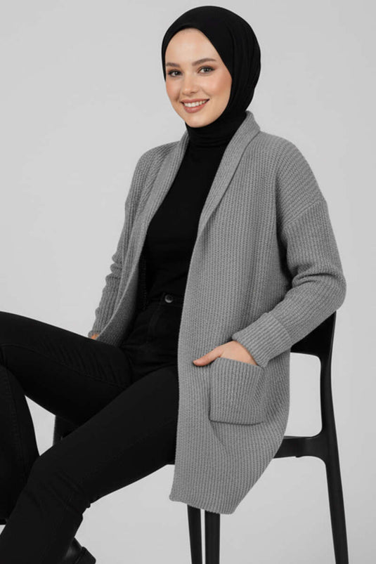 Şal Yaka Pirinç Örgü Triko Hırka Gri