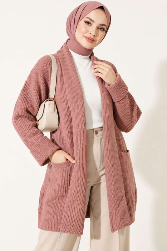 Strickjacke Mit Shawl-Kragen Und Perlen, Rosa Staub