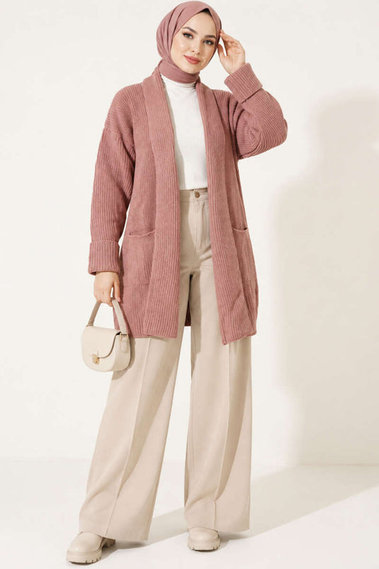 Strickjacke Mit Shawl-Kragen Und Perlen, Rosa Staub