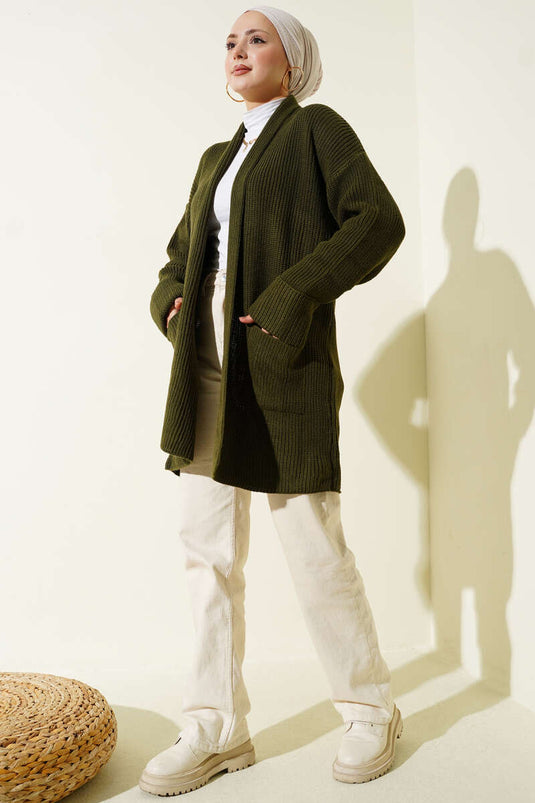 Gilet En Maille À Col Châle Kaki