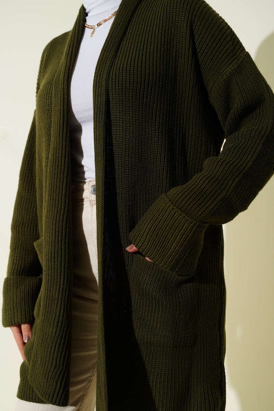 Gilet En Maille À Col Châle Kaki
