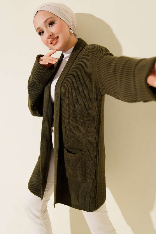 كارديجان بياقة شال وتطريز أرز، لون كاكي