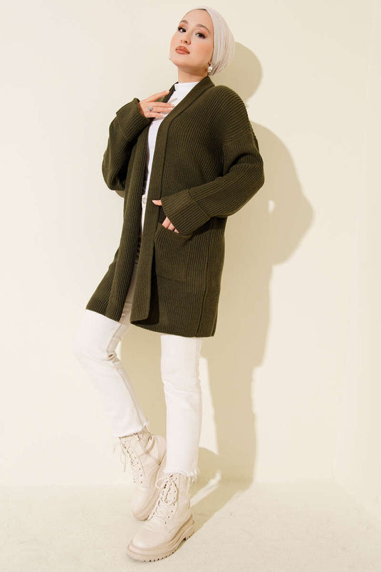 كارديجان بياقة شال وتطريز أرز، لون كاكي