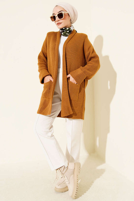 كارديجان بياقة شال وتطريز أرز، لون خردلي