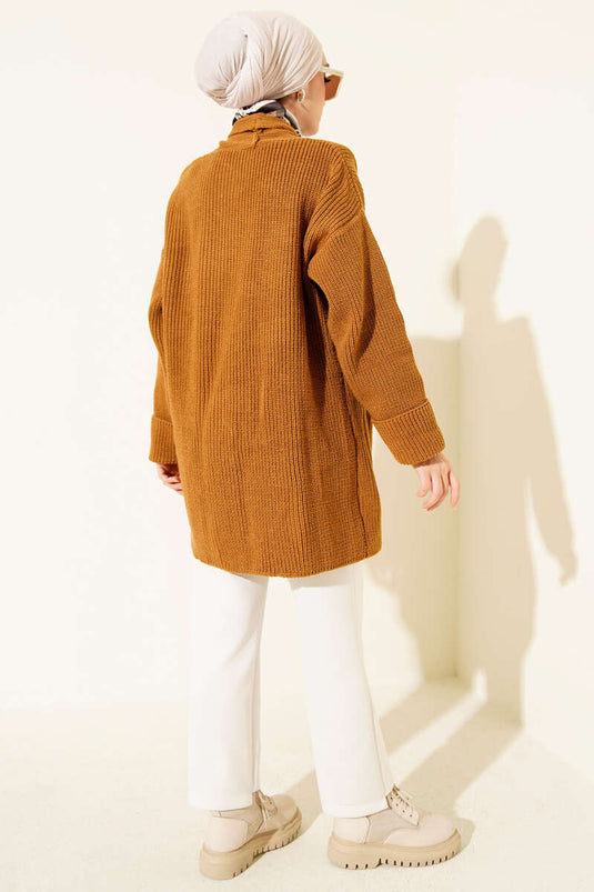 كارديجان بياقة شال وتطريز أرز، لون خردلي