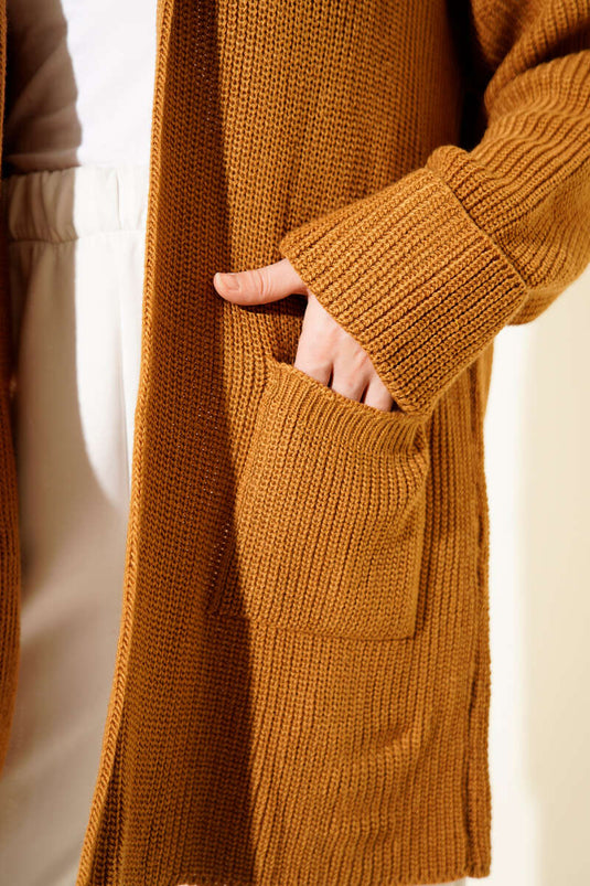 كارديجان بياقة شال وتطريز أرز، لون خردلي