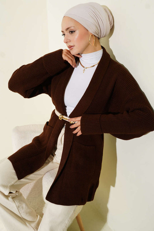 Gilet En Maille À Col Châle Marron