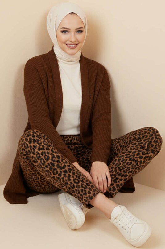 Şal Yaka Pirinç Örgü Triko Hırka Kahve