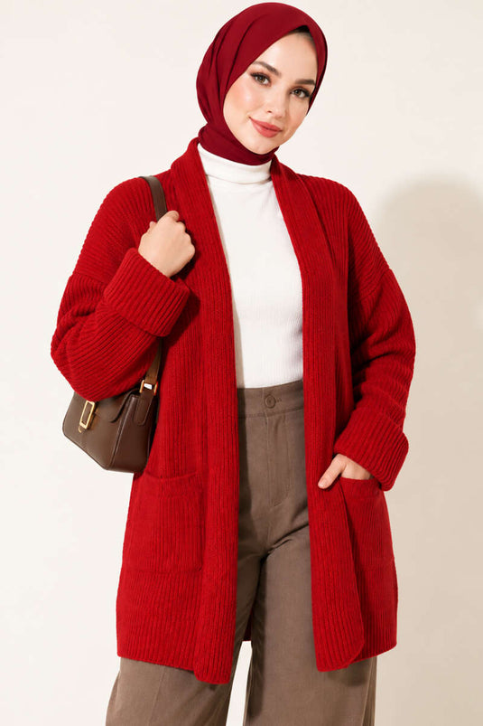 Chaqueta De Punto Roja Con Cuello Chal