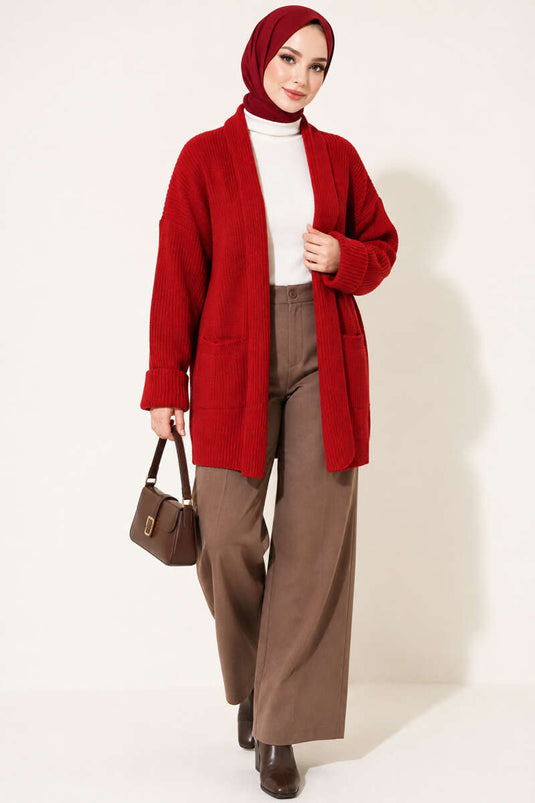 Chaqueta De Punto Roja Con Cuello Chal