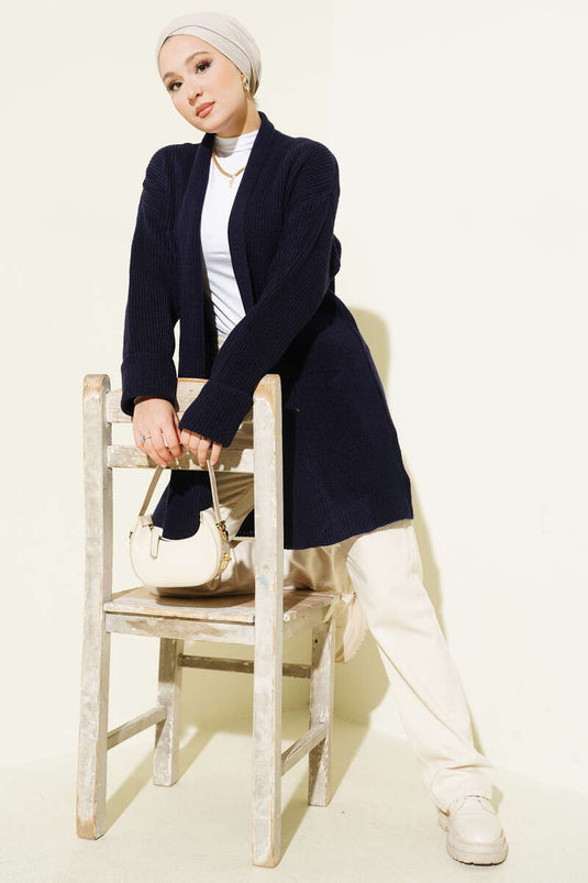 Shawl Collar Brass Knit Sweater Cardigan Navy Blue