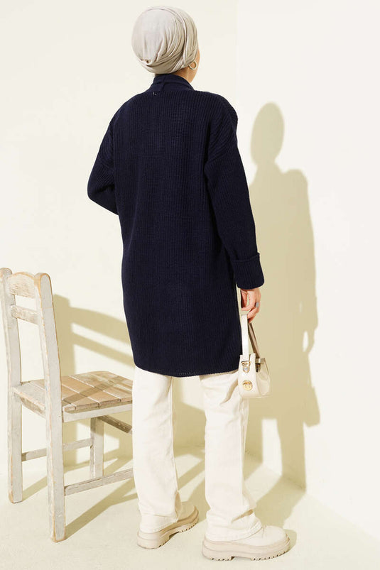 Shawl Collar Brass Knit Sweater Cardigan Navy Blue