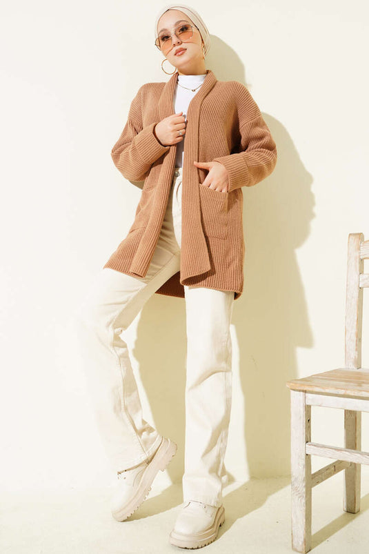 Shawl Collar Brass Knit Sweater Cardigan Latte