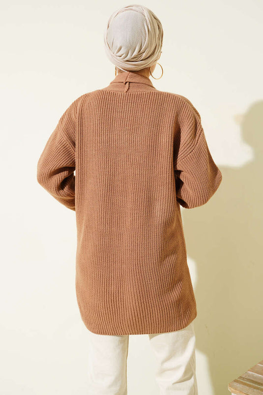 Shawl Collar Brass Knit Sweater Cardigan Latte