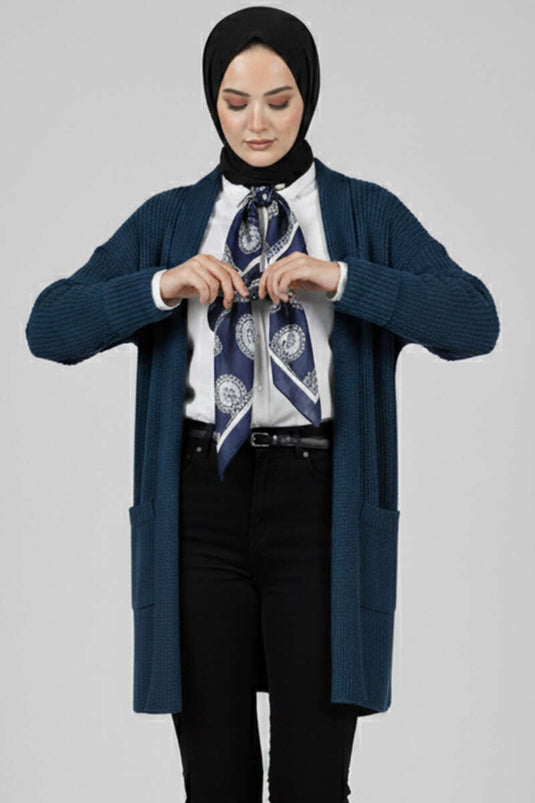 Cardigan mit Schalkragen und Reisstichmuster, Petrol