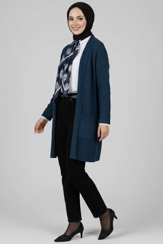 Cardigan mit Schalkragen und Reisstichmuster, Petrol