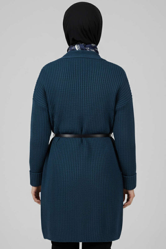 Cardigan mit Schalkragen und Reisstichmuster, Petrol