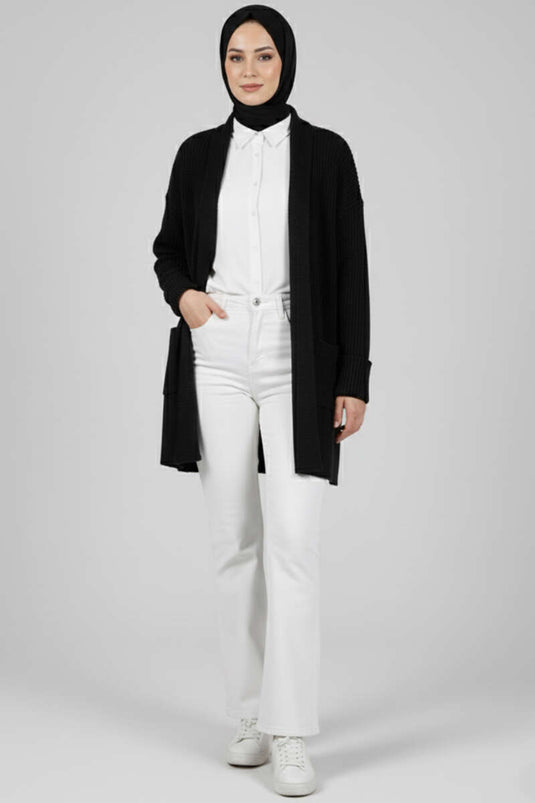 Shawl Collar Rice Stitch Cardigan Black