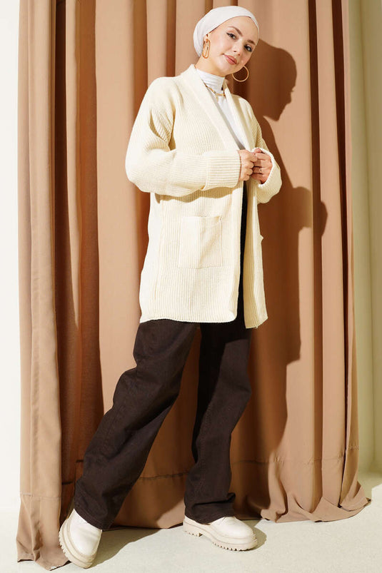 كارديغان محبوك برقبة شال من خيوط الأرز بلون حجر