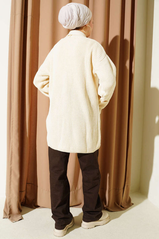 كارديغان محبوك برقبة شال من خيوط الأرز بلون حجر