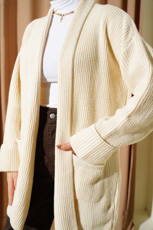 كارديغان محبوك برقبة شال من خيوط الأرز بلون حجر