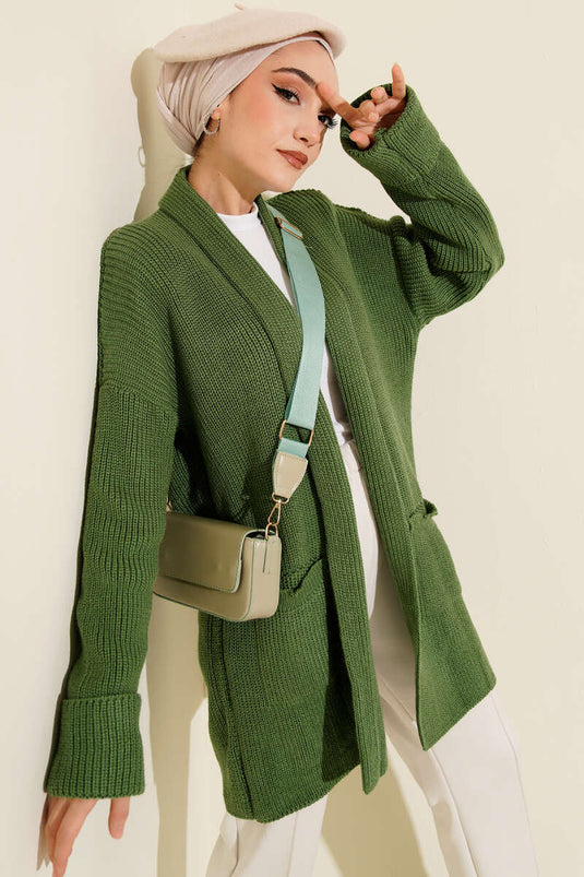 كارديجان أخضر بياقة شال وتطريز أرز