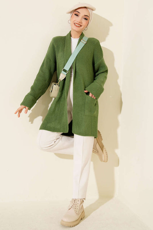 كارديجان أخضر بياقة شال وتطريز أرز