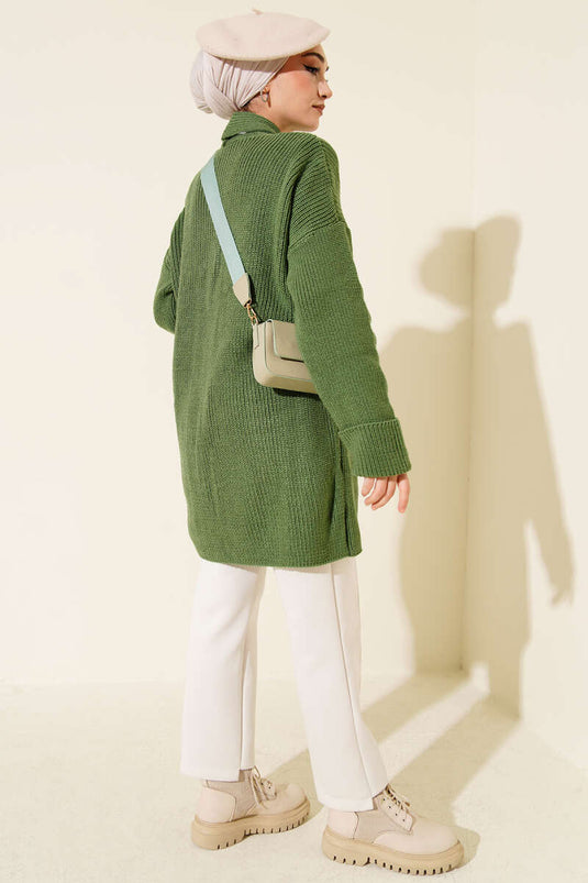 كارديجان أخضر بياقة شال وتطريز أرز