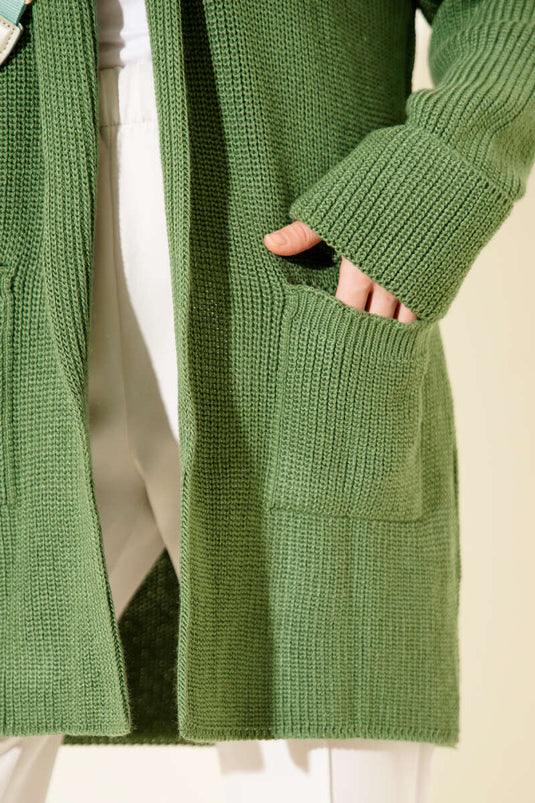 كارديجان أخضر بياقة شال وتطريز أرز