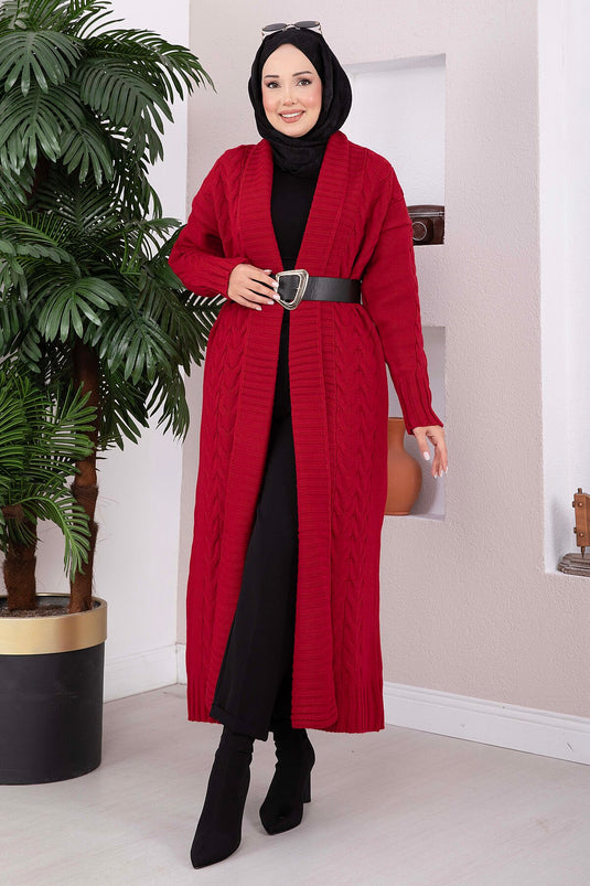 Chaqueta Larga De Punto Con Cuello Chal Roja