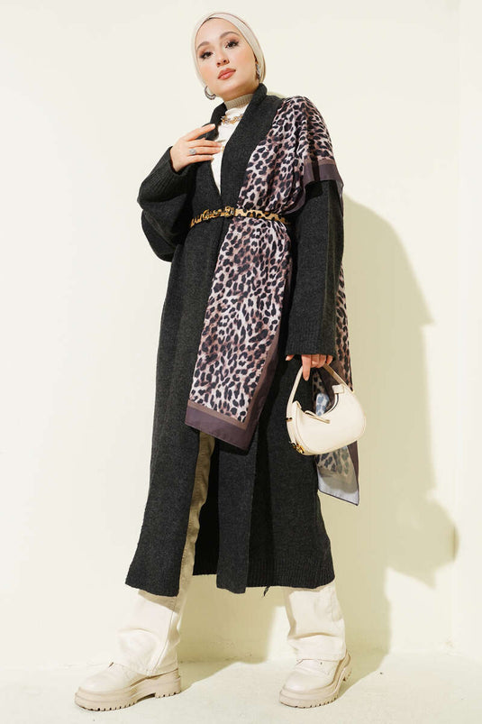 Shawl Collar Long Knitted Cardigan, Dark Gray