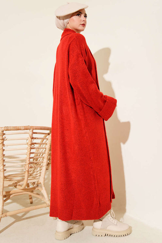 Şal Yaka Uzun Triko Hırka Kırmızı