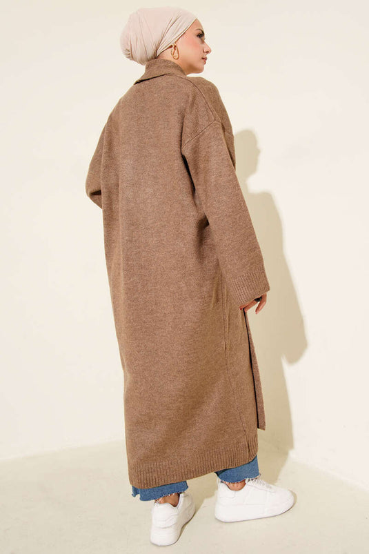 Cardigan lungo lavorato a maglia con collo a scialle, colore visone