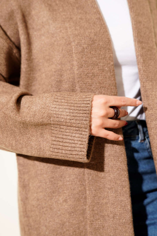 Cardigan lungo lavorato a maglia con collo a scialle, colore visone