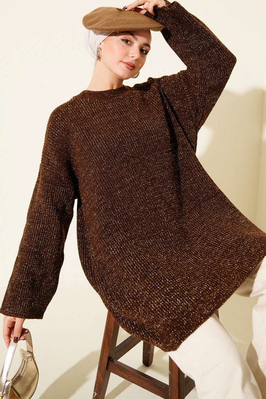 تونيك بني فضفاض بياقة دائرية مزين بالترتر