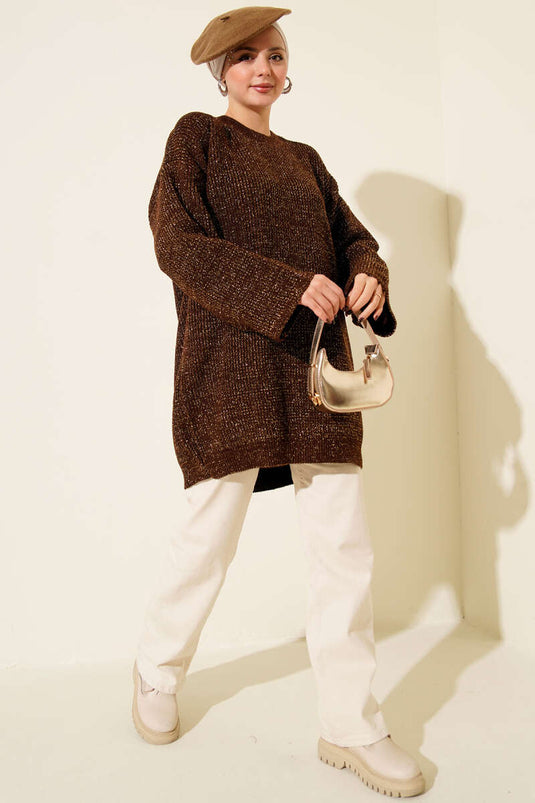 تونيك بني فضفاض بياقة دائرية مزين بالترتر