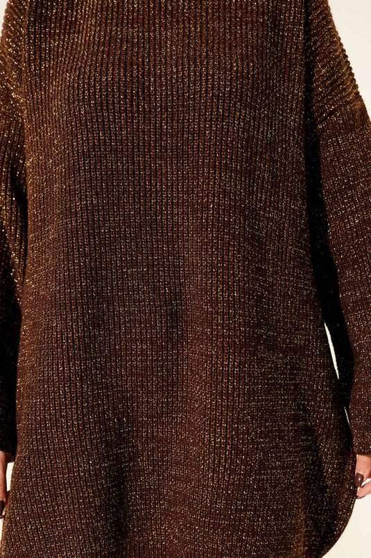 تونيك بني فضفاض بياقة دائرية مزين بالترتر