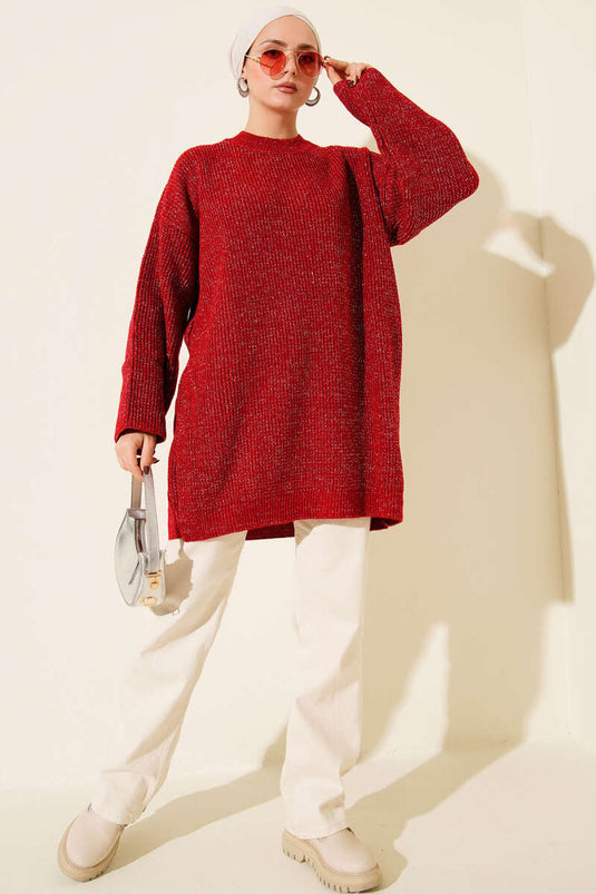 تونيك فضفاض بياقة دائرية مزين بالترتر، أحمر