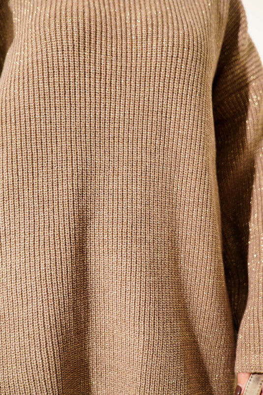 Tunica in maglia glitterata con scollo rotondo largo color latte