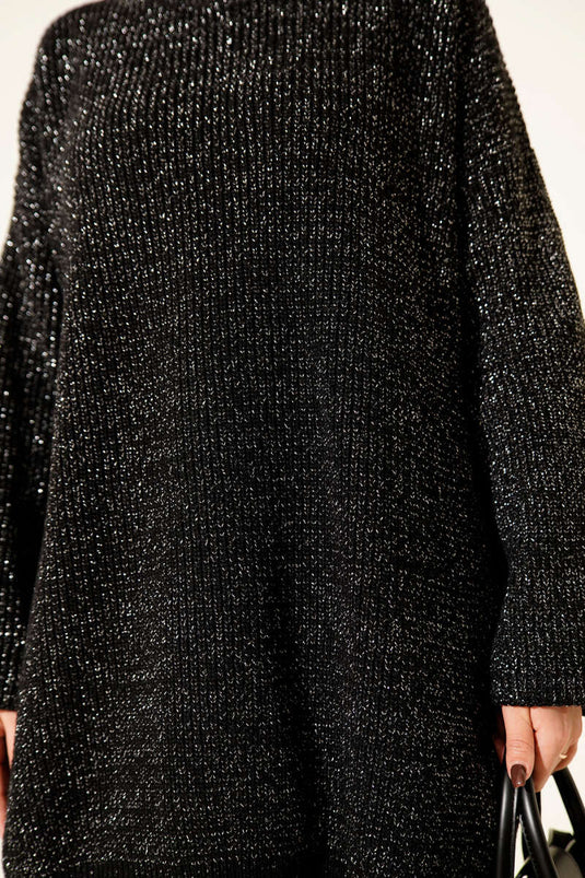 تونيك أسود فضفاض بياقة دائرية مزين بالترتر