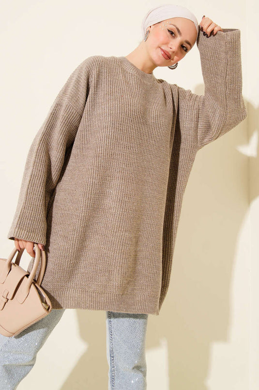 تونيك فضفاض بياقة دائرية مزين بالترتر، لون المنك